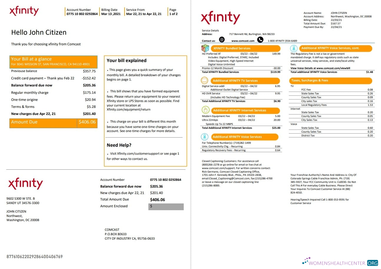 download USA San Francisco Xfinity Comcast utility bill template in Word and PDF format (2 pages) PDF template